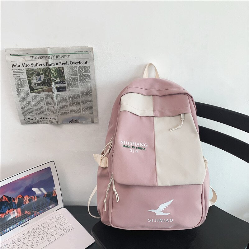 Preppy Panelled Waterproof Nylon Women Backpack Men Letter Printing Cool Travel Bag College Couples Big Schoolbag Kawaii Bookbag
