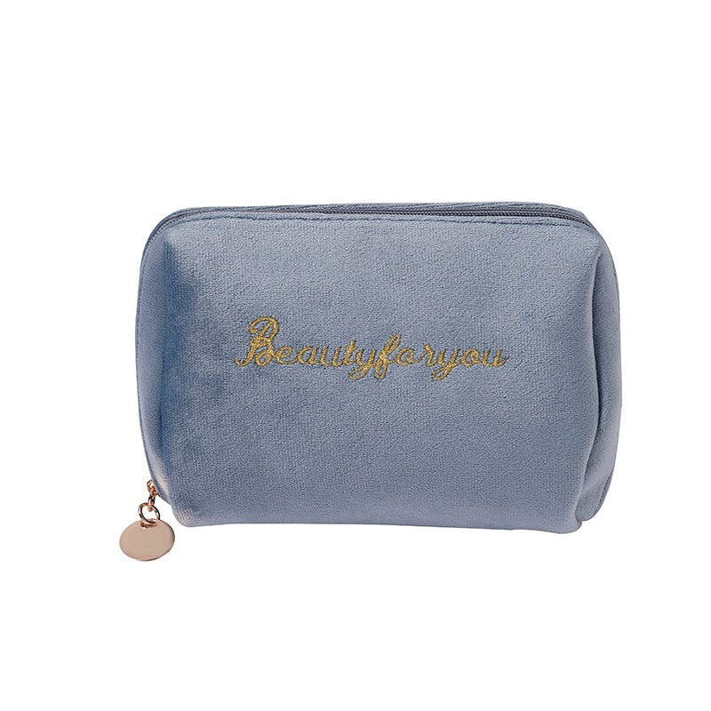 PURDORED 1 Pc Gold Thread Embroidery Cosmetic Bag for Women Vintage Velvet Make Up Bag Travel Solid Color Female Make Up Pouch