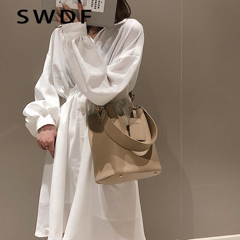 Casual Wide Strap Buckets Bag Designer Women Shoulder Bags Luxury Pu Crossbody Bag Large Capacity Messenger Bag Simply Purses