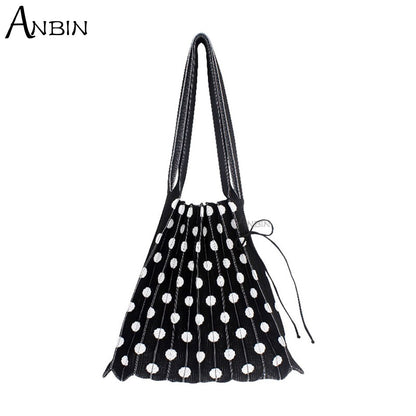 Women&#39;s Polka Dot Pleated Bag Folded Contrast Color Wool Knit Female Fashion Shoulder Handbag Organ Large Capacity Shopping Tote