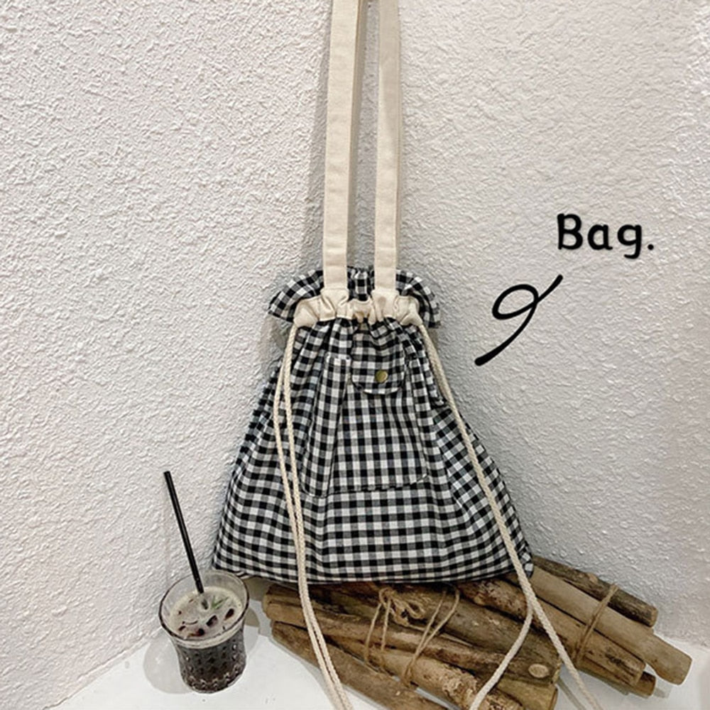 Shopping Bags Women Plaid Drawstring Casual Adjustable Large Capacity Cute Literary Students Shopper Canvas Simple Shoulder Bag