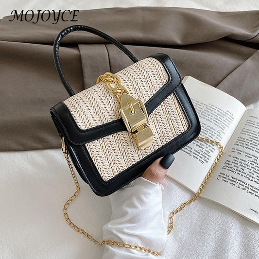 Retro Women Bag Woven PU Stitching Messenger Casual Ladies Beach Chain Handbag Summer Beach Bag Rattan Tote Square Box