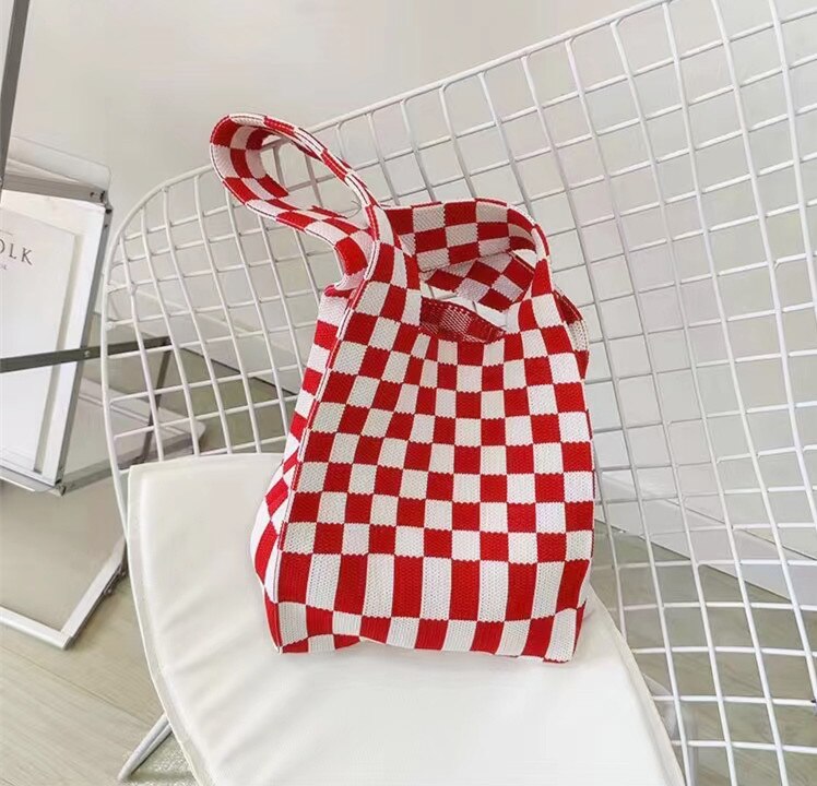Women Knitted Checkerboard Shoulder Bags Korean Ins Woolen Plaid Cosmetic Handbag Totes For Females Fashion Daily Shopping Bag