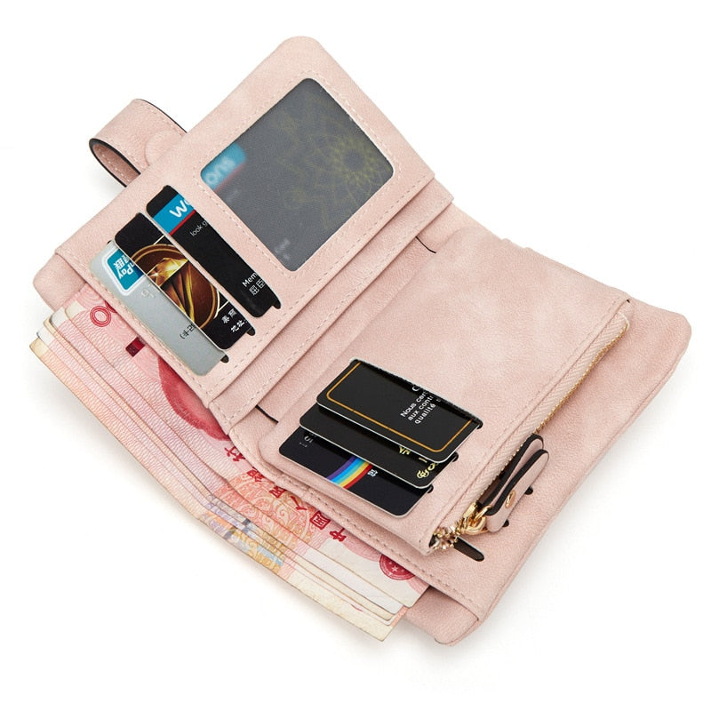 Tri-fold Short Women Wallets With Coin Zipper Pocket Minimalist Frosted Soft Leather Ladies Purses Female Pink Small Wallet