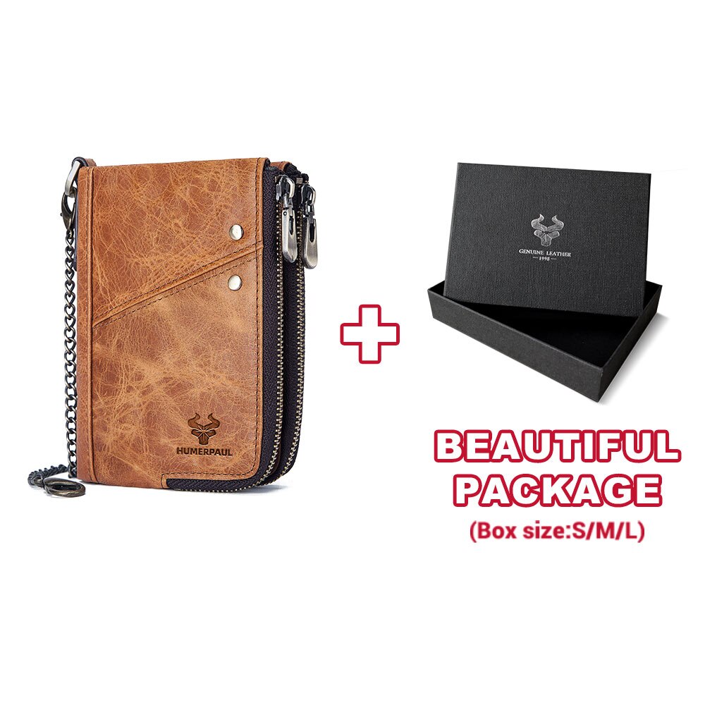 RFID Blocking Men&#39;s Wallets With Chain High Quality Cowhide Zipper Coin Pocket Card Holder Anti-Theft Chain Clutch Money Bag