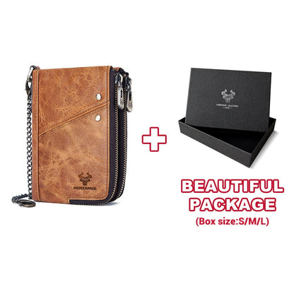 RFID Blocking Men&#39;s Wallets With Chain High Quality Cowhide Zipper Coin Pocket Card Holder Anti-Theft Chain Clutch Money Bag