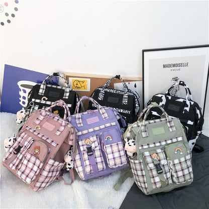 Vintage Casual Women Plaid Purple Backpacks New Fashion Black Cow Pattern Travel Bag for Teenager Girls Backpack School Bag