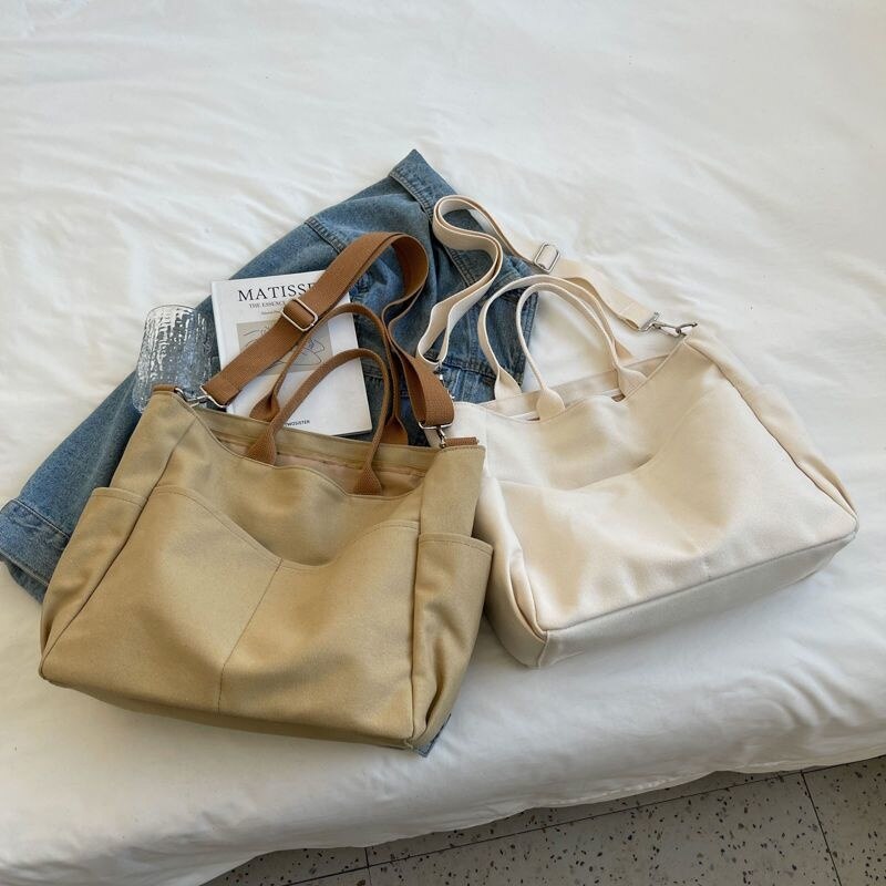 Unisex One Shoulder Crossbody Bags Double Canvas Bag Female Students Pack School Bags High Capacity Women Portable Handbag