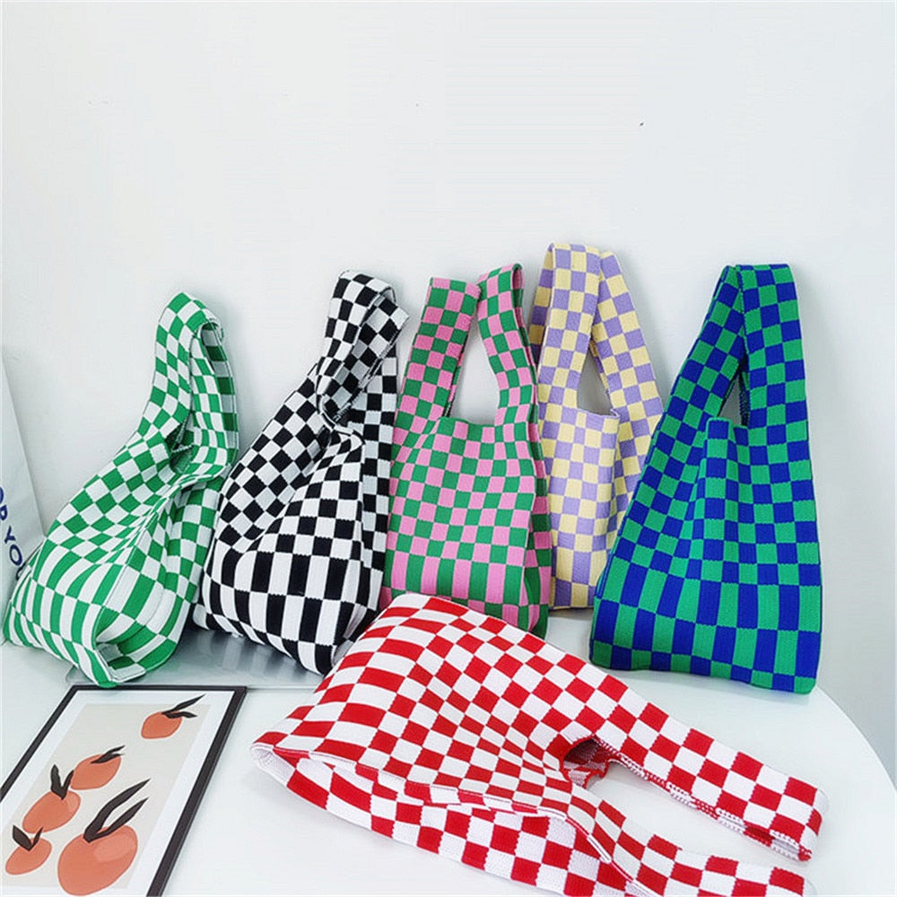 Women Knitted Checkerboard Shoulder Bags Korean Ins Woolen Plaid Cosmetic Handbag Totes For Females Fashion Daily Shopping Bag