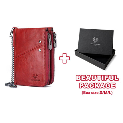 RFID Blocking Men&#39;s Wallets With Chain High Quality Cowhide Zipper Coin Pocket Card Holder Anti-Theft Chain Clutch Money Bag