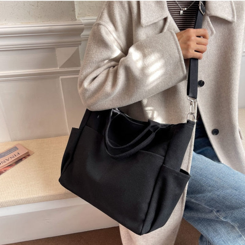 Unisex One Shoulder Crossbody Bags Double Canvas Bag Female Students Pack School Bags High Capacity Women Portable Handbag