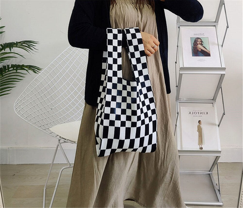 Women Knitted Checkerboard Shoulder Bags Korean Ins Woolen Plaid Cosmetic Handbag Totes For Females Fashion Daily Shopping Bag