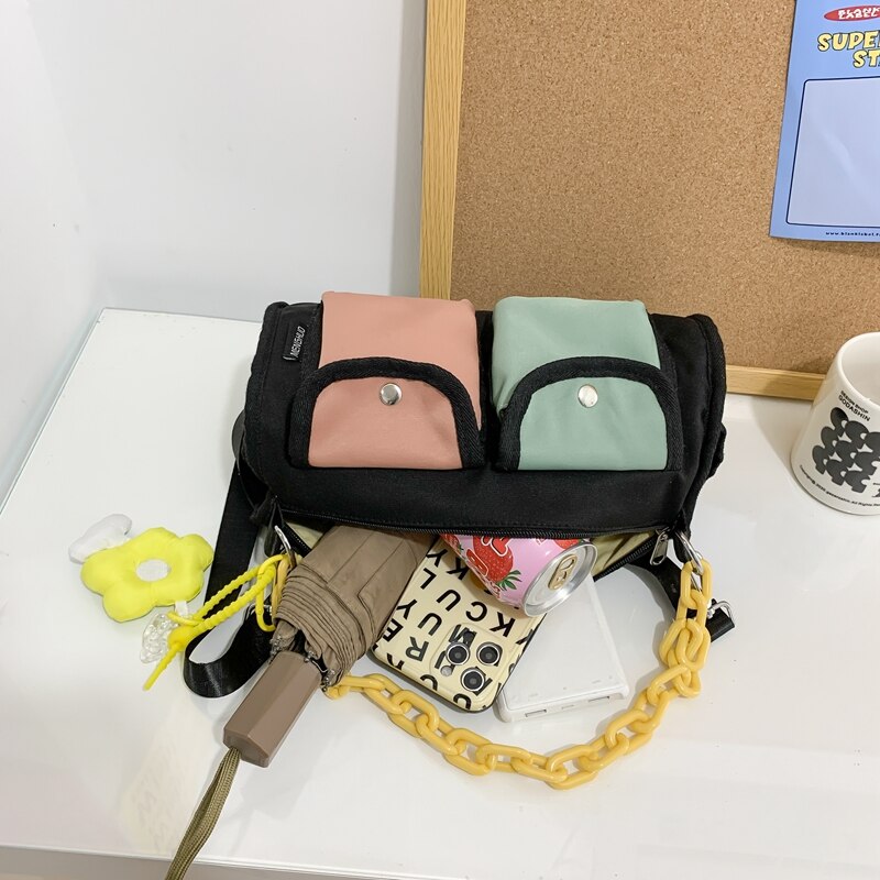 Kawaii Contrast Color Women Bag Fashion Double Pocket Chain Lady&#39;s Bag Female Leisure Shoulder Bag Cute messenger Bags Small