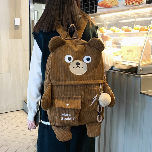 Japanese Corduroy Bear Backpacks for Cute Women Multi-pockets School Bags Large Capacity Backpack Teenger Girls Schoolbag Female