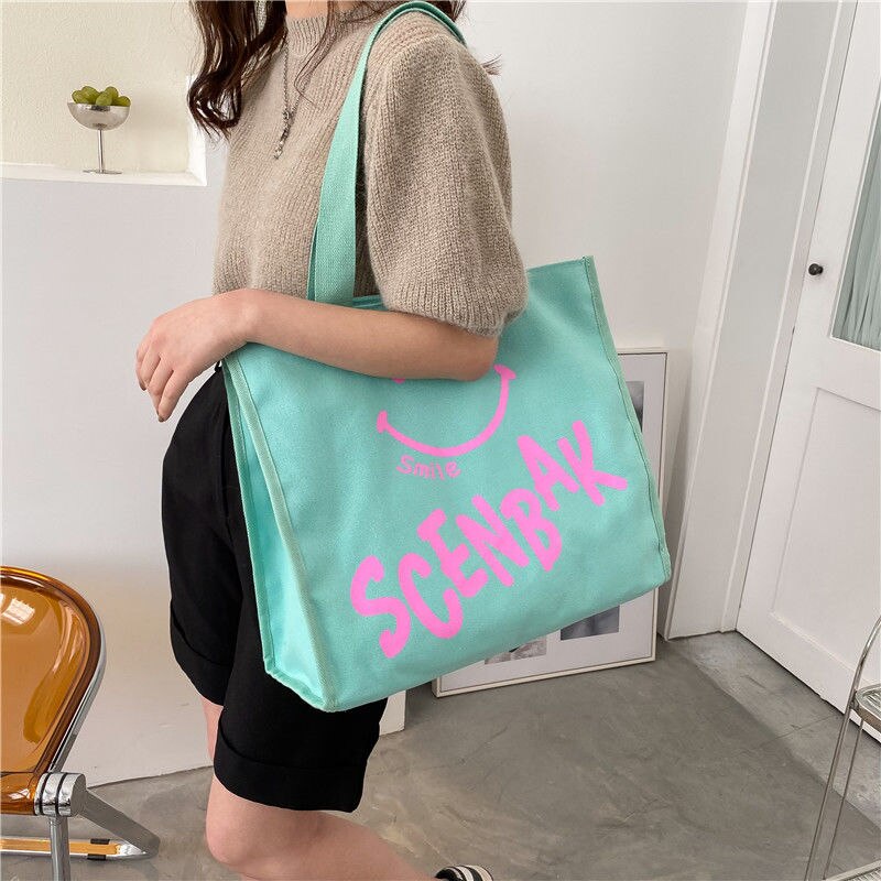 Large-capacity Smiley Canvas Bags for Women Handbags Korean Version Trend New Simple Shoulder Bag Fashion Versatile Shopping Bag