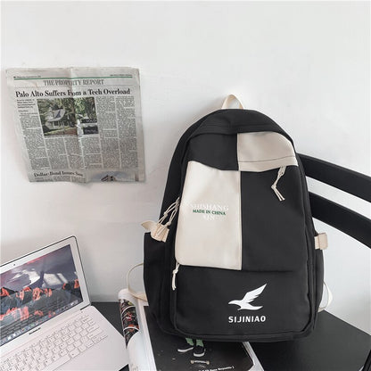 Preppy Panelled Waterproof Nylon Women Backpack Men Letter Printing Cool Travel Bag College Couples Big Schoolbag Kawaii Bookbag