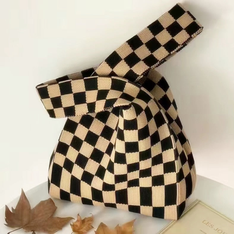 Women Knitted Checkerboard Shoulder Bags Korean Ins Woolen Plaid Cosmetic Handbag Totes For Females Fashion Daily Shopping Bag