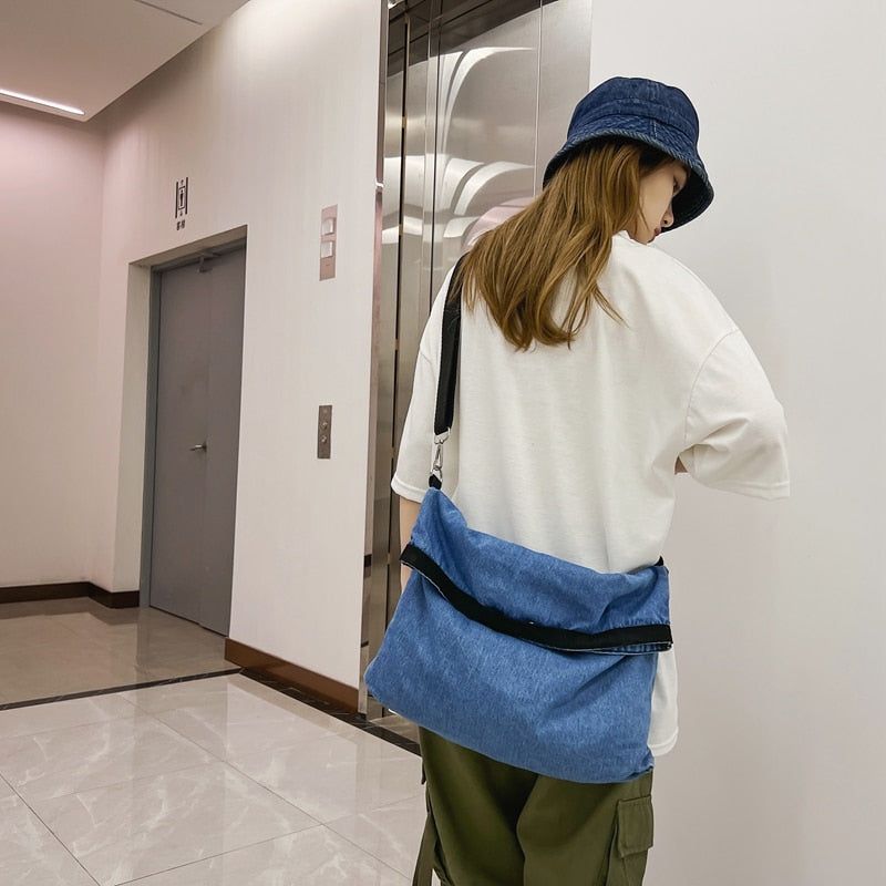 Large Capacity Canvas Shoulder Bags For Women Solid Fashion Fold Female Handbag Jean Big Shopping Eco Bag Denim Crossbody Bags