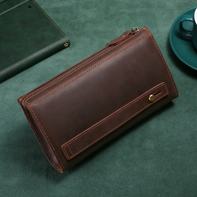 Crazy Horse Leather Men&#39;s Wallets Long Genuine Leather Business Men&#39;s Clutch Zipper Large Capacity Hand Bag Man Cell Phone Purse