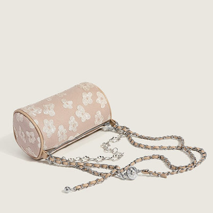 Canvas Chain Mini Shoulder Crossbody Bag Woman Flower Zipper Underarm Bags Solid Color All-Match Boston Barrel Handbag