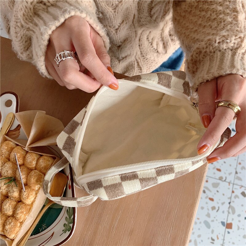 Korean Fashion Pencil Case Corduroy Plaid&Flowers Makeup Bag Lipsticks Bag Women Neceser Small Cosmetic Bag Beauty Organizer Bag