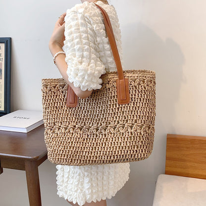Straw Beach Bag Vintage Handmade Woven Shoulder Bag Bohemian Summer Vacation Casual Shoulder Bag Shopping Pouch