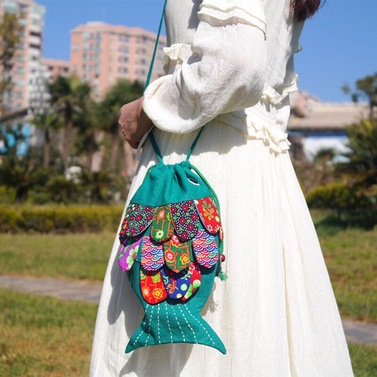 Pure Handmade Fish Women Bag Floral Flower Patchwork Shoulder Bags Hobo Women&#39;s Handbag Purse