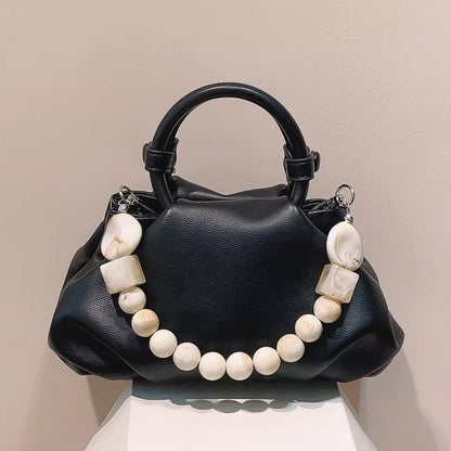 Ins Hot Fashion Soft Ruched Tote Hobo Bag Soft Leather Hobo Shoulder Bag with Pearl String Handle Unique