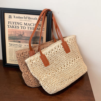 Straw Beach Bag Vintage Handmade Woven Shoulder Bag Bohemian Summer Vacation Casual Shoulder Bag Shopping Pouch