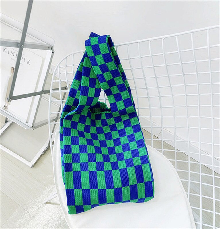 Women Knitted Checkerboard Shoulder Bags Korean Ins Woolen Plaid Cosmetic Handbag Totes For Females Fashion Daily Shopping Bag