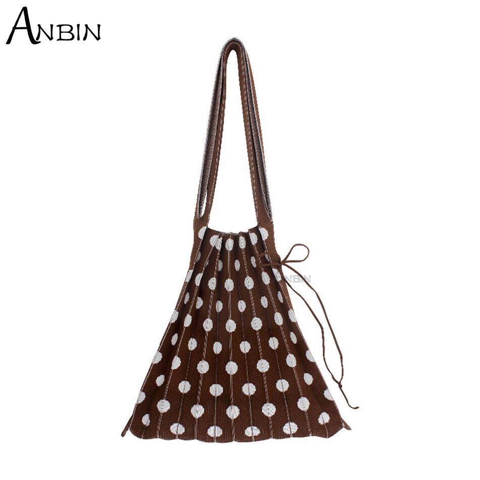 Women&#39;s Polka Dot Pleated Bag Folded Contrast Color Wool Knit Female Fashion Shoulder Handbag Organ Large Capacity Shopping Tote