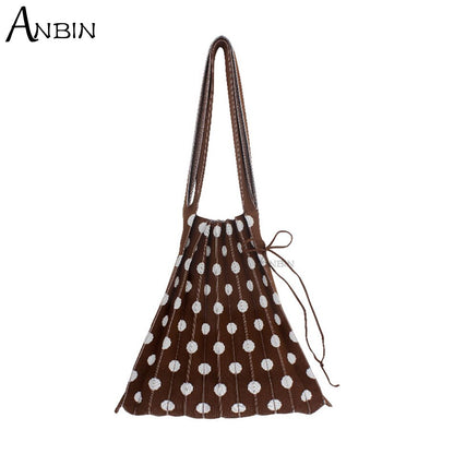 Women&#39;s Polka Dot Pleated Bag Folded Contrast Color Wool Knit Female Fashion Shoulder Handbag Organ Large Capacity Shopping Tote