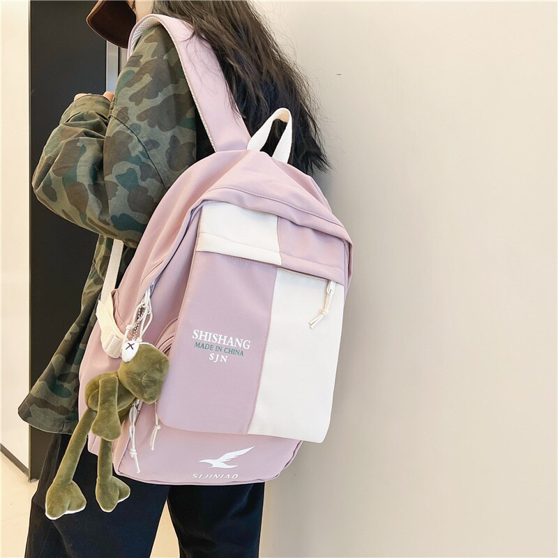 Preppy Panelled Waterproof Nylon Women Backpack Men Letter Printing Cool Travel Bag College Couples Big Schoolbag Kawaii Bookbag