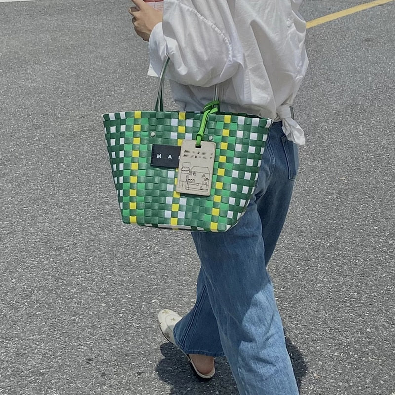 Luxury Designer Brand Logo Bag for Woman Charity Edition Shopping Tote Design Handbags Summer Beach Hand Woven Plaid Basket