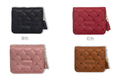 Japanese and Korean Ladies New Rhombus Tassel Wallet Trendy Magnetic Snap Zipper Coin Purse Short Folding Card Holder