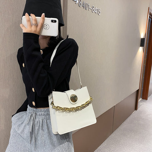 Youth Ladies Simple Versatile Bag Fashion Solid Color PU Leather Shoulder Bags for Women Chain Flap Buckle Totes