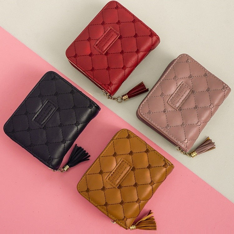 Japanese and Korean Ladies New Rhombus Tassel Wallet Trendy Magnetic Snap Zipper Coin Purse Short Folding Card Holder