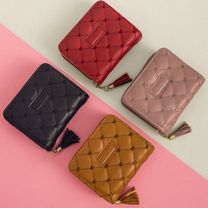 Japanese and Korean Ladies New Rhombus Tassel Wallet Trendy Magnetic Snap Zipper Coin Purse Short Folding Card Holder