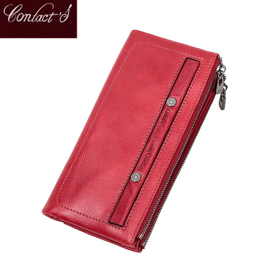 Contacts Genuine Leather Wallet For Women Clutch Long Bifold Female Purses Double Zipper Pocket Card Holder Wallets Money Bag